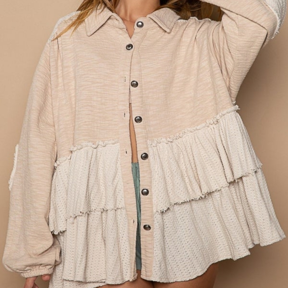 POL Tan And Cream Ruffled Shacket